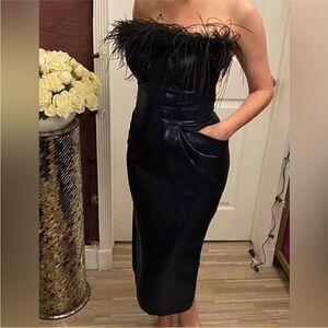 Versace navy blue metallic knee length marabou detailed dress, size 40(S)